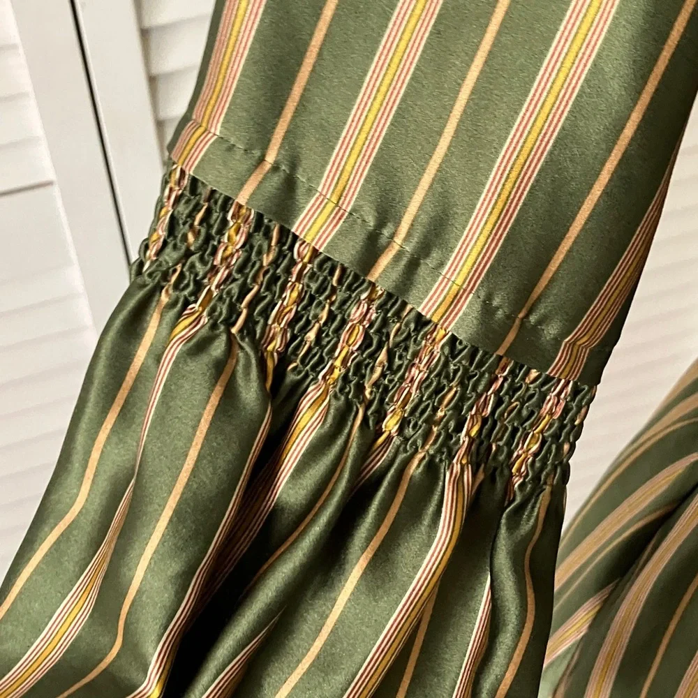 BCBGMaxAzria Olive‎ and Navy  Striped Wrap Midi Dress NWT